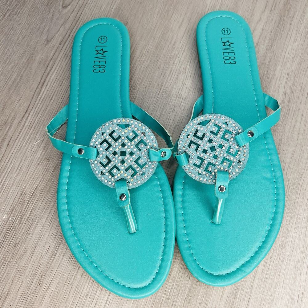 Love 83 Teal Women’s Flat Sandal Flip Flop With Rhinestones Size 11 - Picture 3 of 7
